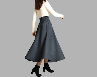 Jupe midi en laine : jupe d'hiver taille haute avec poches