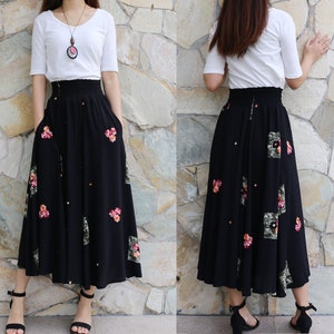 Linen skirt, maxi skirt, embroidery skirt, high waist skirt, cotton skirt, elastic waist skirt, custom made, skirt with pockets (Q1036)