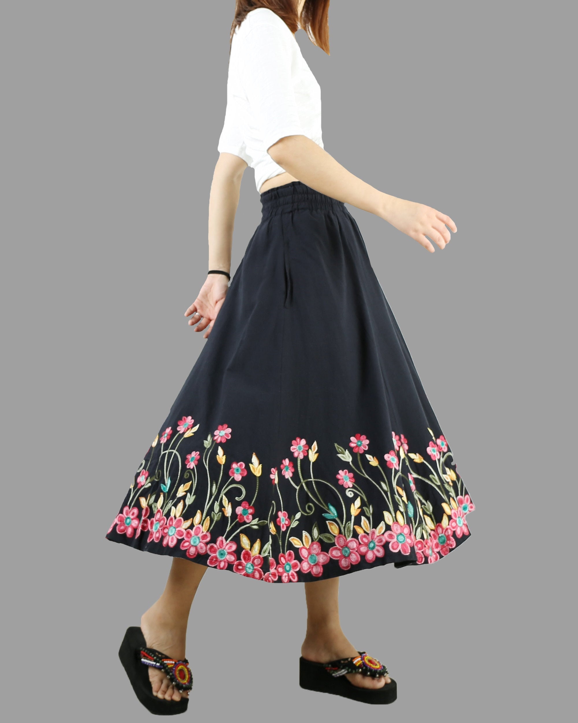 Cotton Skirt, Embroidery Skirt, High Waist Skirt, Midi Skirt, Elastic Waist Skirt, Custom Made, Skirt With Pockets Q1035 - Etsy Cotton Skirt, Embroidery Skirt, High Waist Skirt, Midi Skirt, Elastic Waist Skirt, Custom Made, Skirt With Pockets Q1035 - Etsy