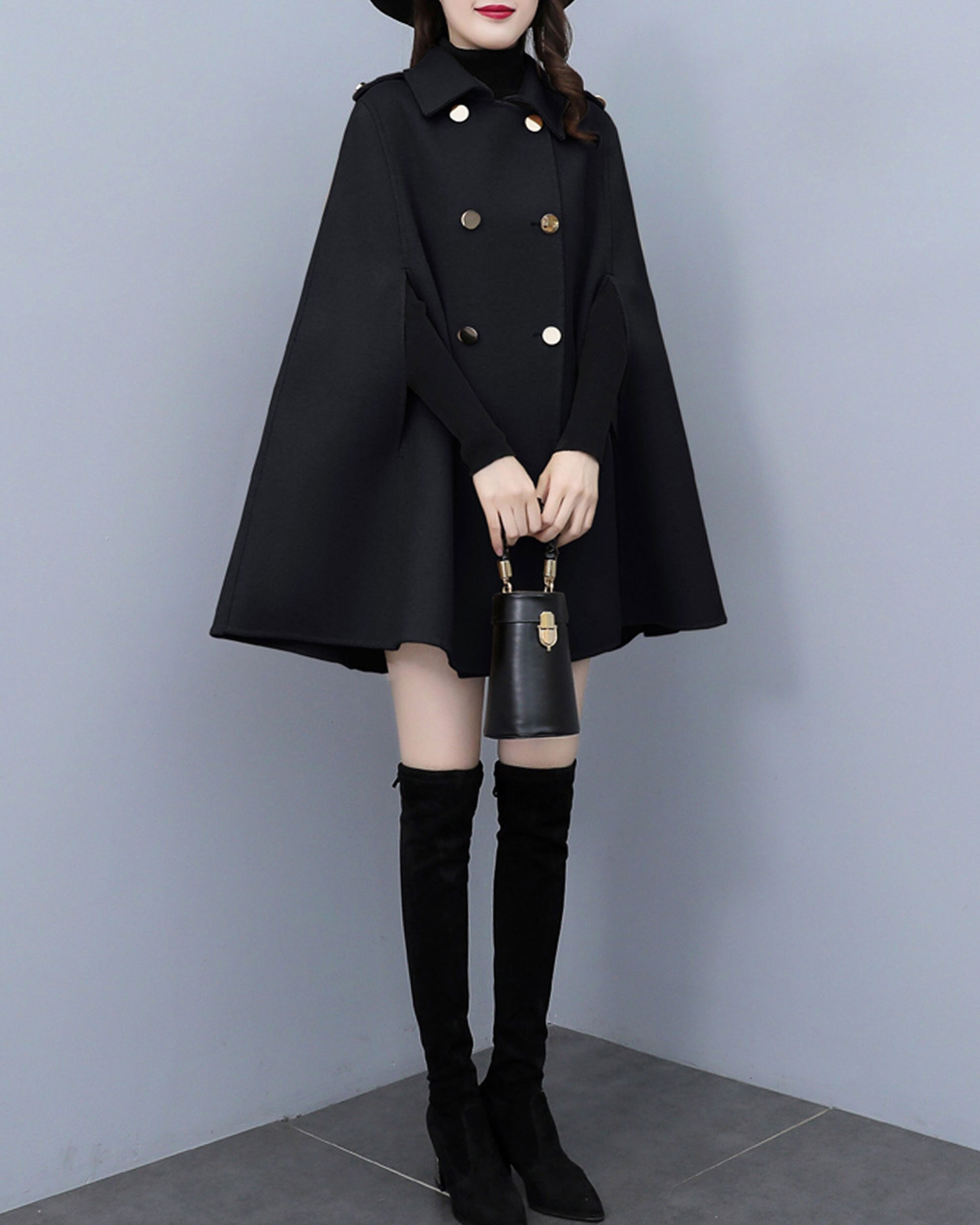 Poncho Cape Femme Avec Ceinture - Manteau Oversize Manches Batwing - Laine Mélangée - Col Montant Hiver