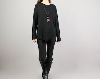 Asymmetrical Black Cotton Long Sleeve Top: Custom Fit