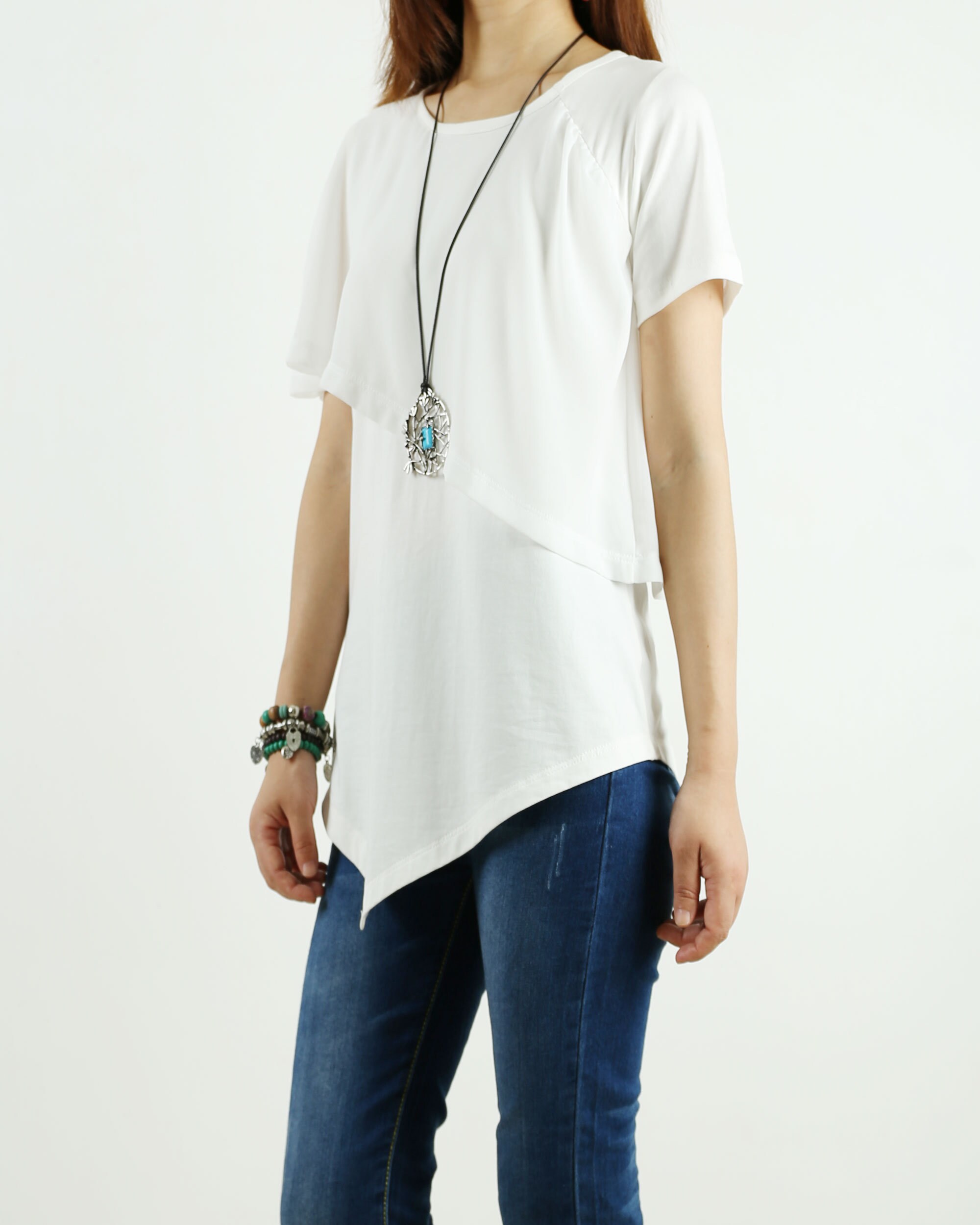 Asymmetrical Layered T-shirt, Short Sleeve Cotton and
