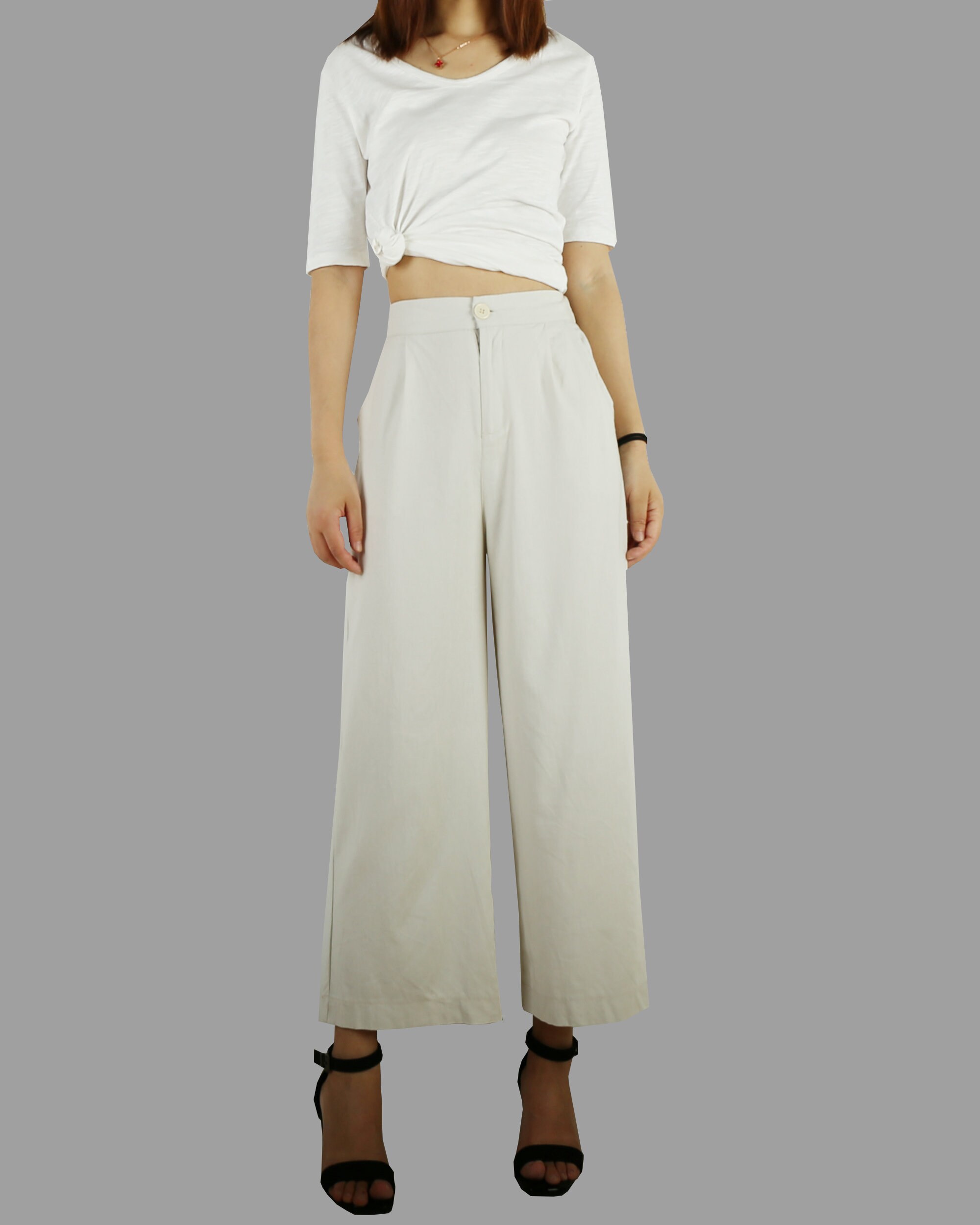 Wide Leg Linen Pants Elastic Waist 