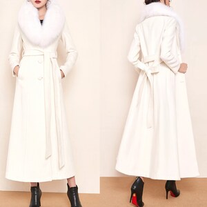 White Fur Trim Wool Coat with Rose Buttons - Sizes S-XL