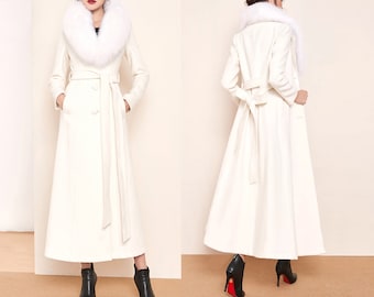 Wool coat, long coat, white coat, warm coat, winter coat, oversized coat, coat with fur collar, coat with belt (Y2368)