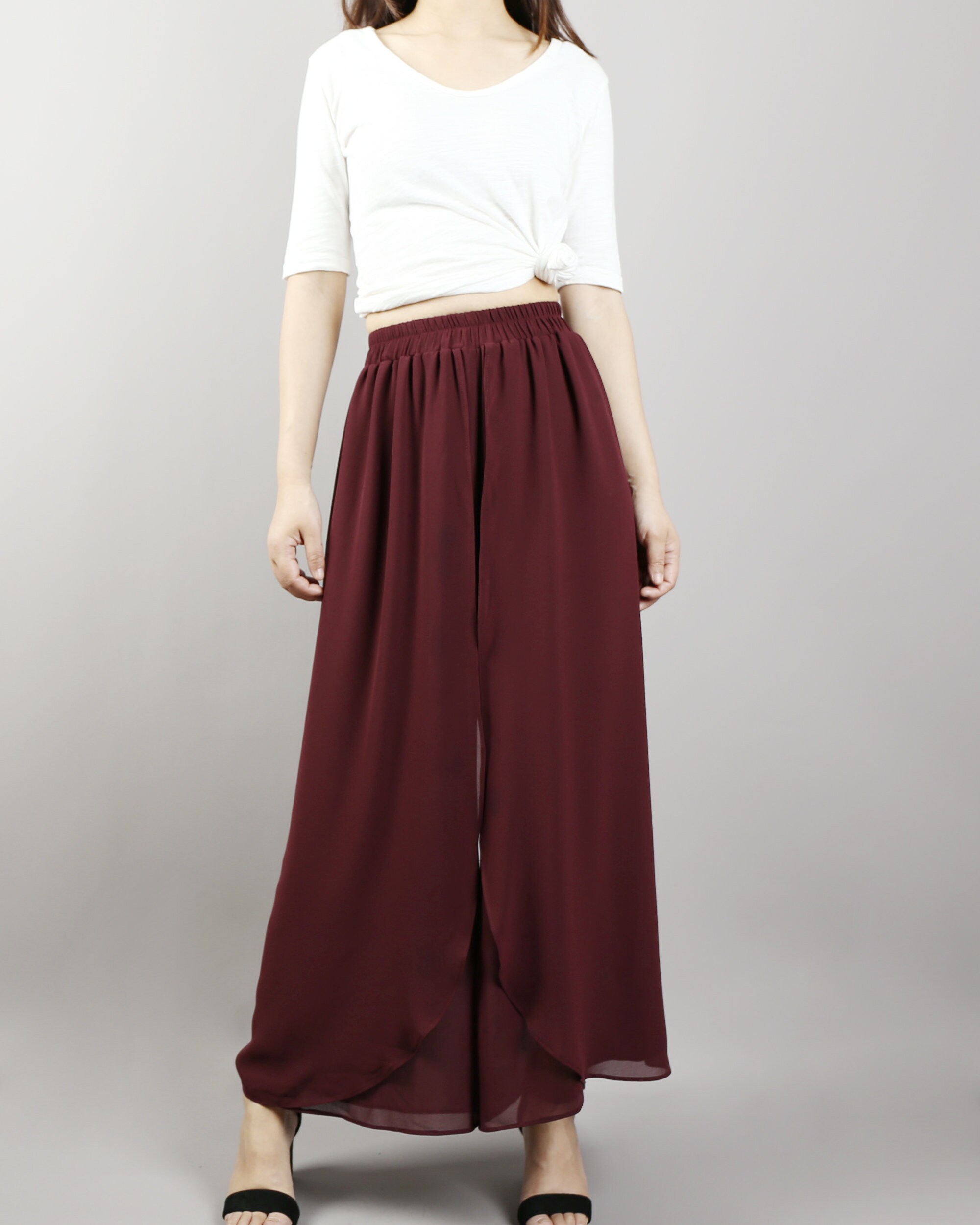 【NONCODE】maron strap skirt pants Women's Wide Leg Pants, Chiffon Skirt Pants, Asymmetrical