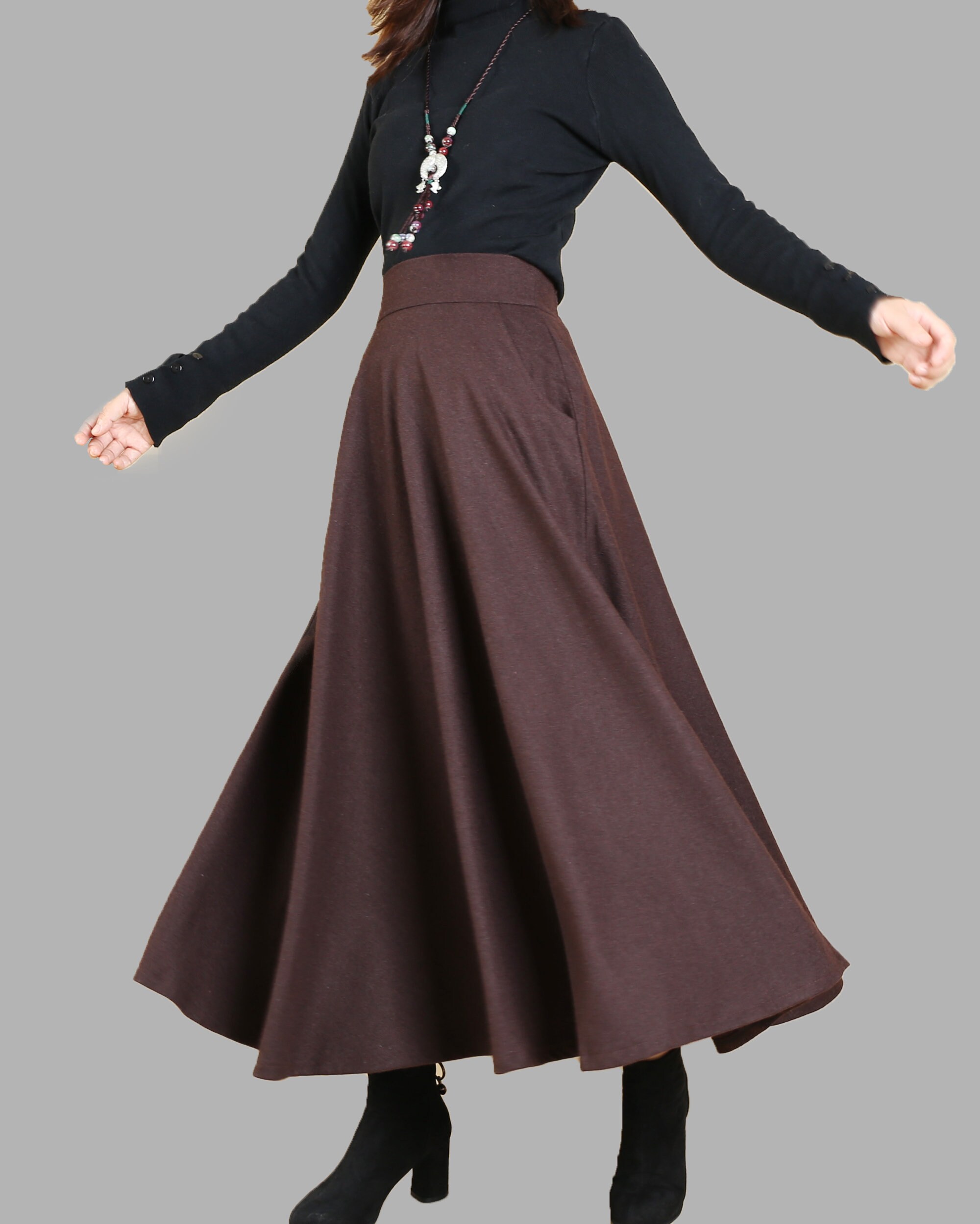 Jupe Longue Boutonnée Devant En Laine à Chevrons Marron Foncé ORVIS, Taille 8, Coupe A-Line - Occasion En Très Bon état (EUC)