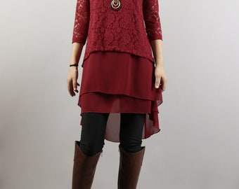 Lace Chiffon Tunic Dress: 3/4 Sleeve Layered Top