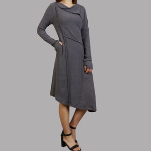 Asymmetric Cotton Rib Dress: Long Sleeve Tunic Top with Thumb Holes