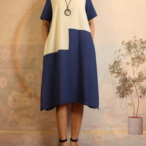 Linen dress, oversized dress, patchwork dress, short sleeve dress, casual dress, plus size clothing(Q2403)