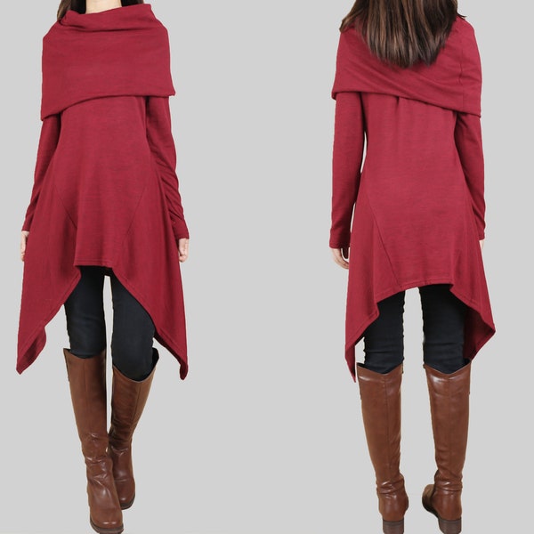 Cotton tunic dress, shawl collar top, knit tunic dress, plus size sweatshirt, oversized knit top, asymmetrical t-shirt(Y1084)