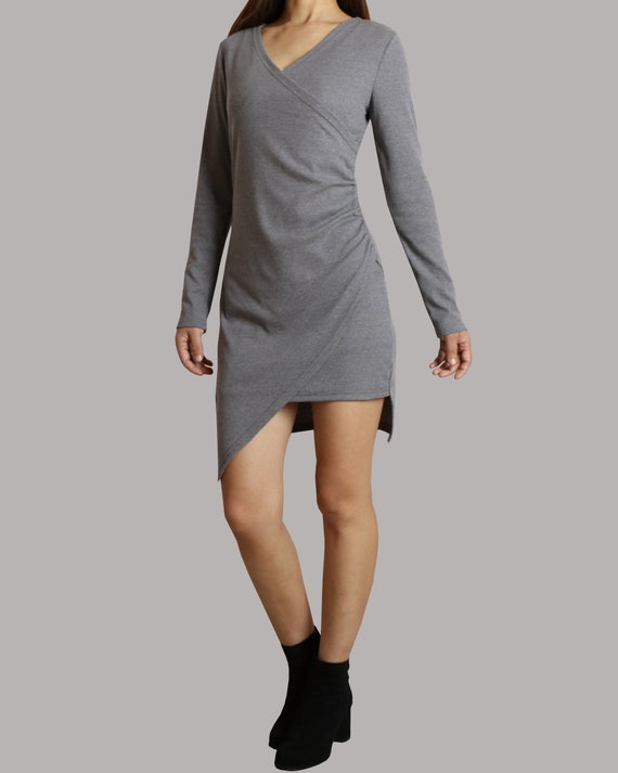 V-neck Dress, Form Fitting Dress, Cotton Tunic Dress, Sexy