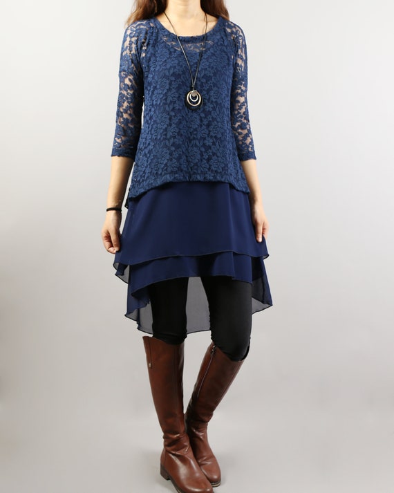 Lace Tunic Top with Chiffon Slip Dress: 3/4 Sleeve, Plus Size Lace Tunic Top with Chiffon Slip Dress: 3/4 Sleeve, Plus Size