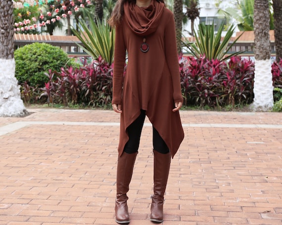 Cotton Knit Tunic Top: Asymmetrical Shawl Collar Oversized