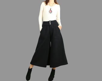Wool Blend Wide Leg Cropped Pants: Flare Skirt Trousers