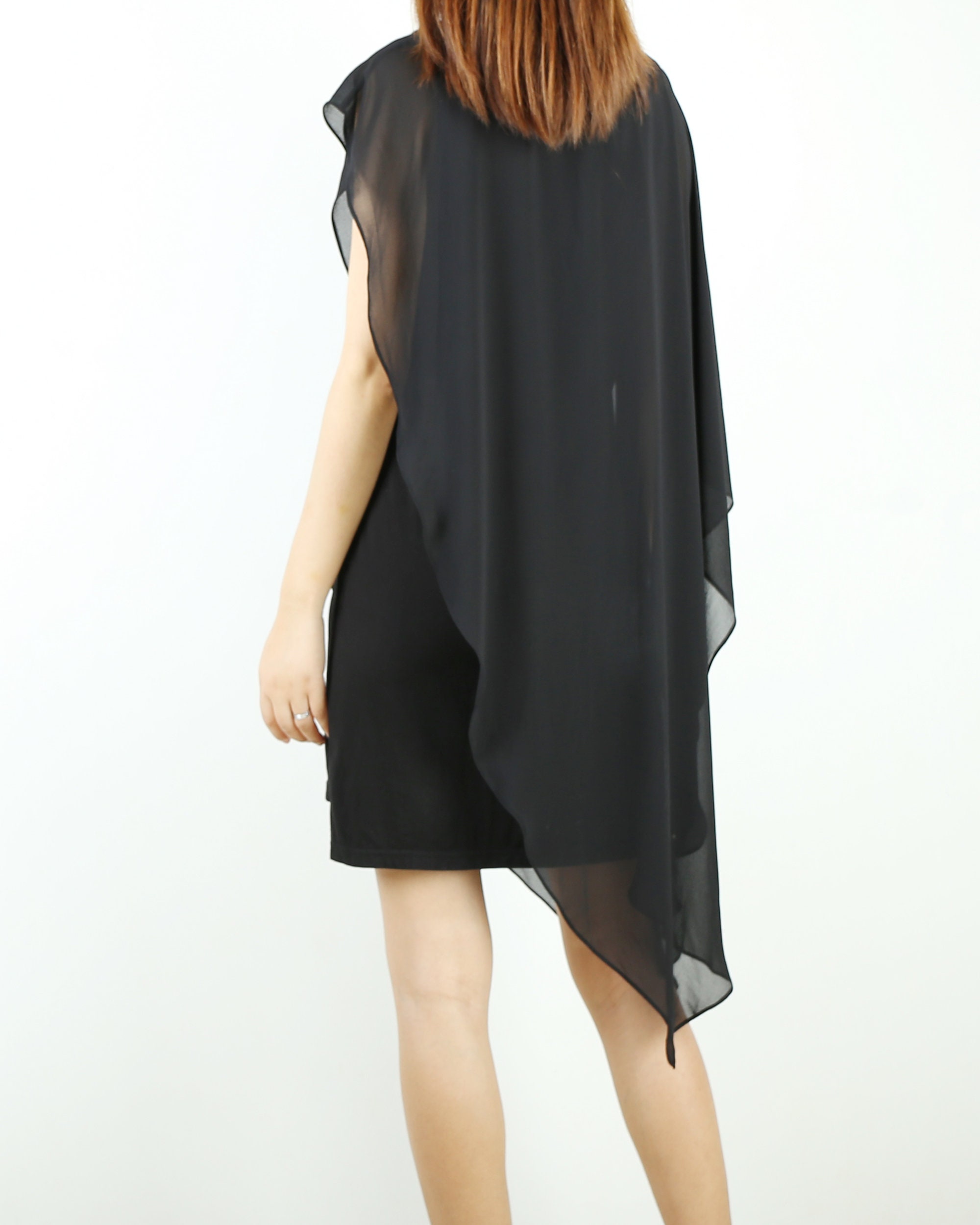 black chiffon tunic dress Asymmetrical Black Chiffon Dress: Pleated Tunic Top