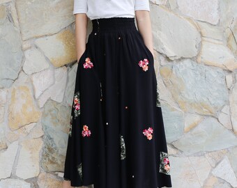 Cotton Skirt, Embroidery Skirt, High Waist Skirt, Maxi Skirt