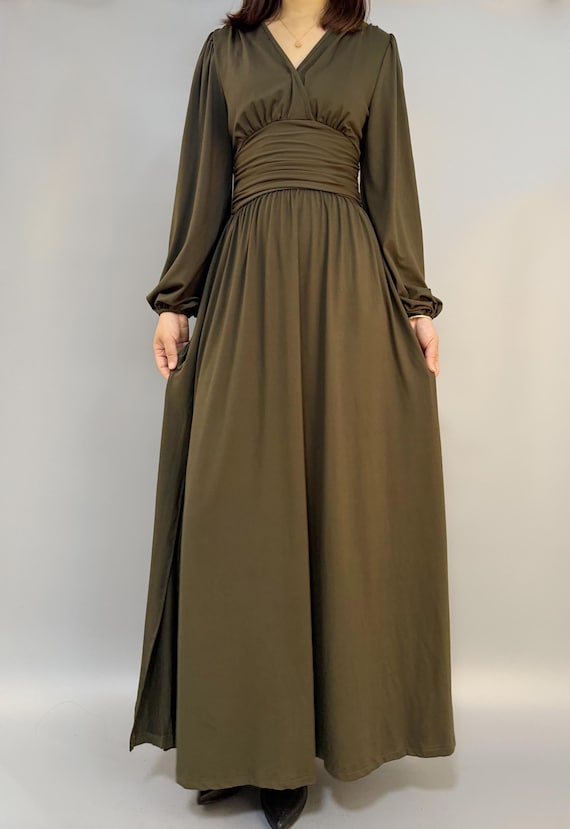 Army Green Maxi Dress, Elegant V-Neck Evening Gown