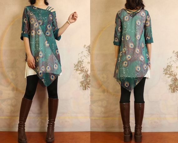 Silk Tunic Dress: Peacock Feather Print, Modal Cotton Layer
