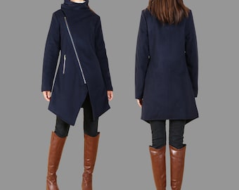 Asymmetrical Wool Winter Coat: Quilted Fleece Lined Trench