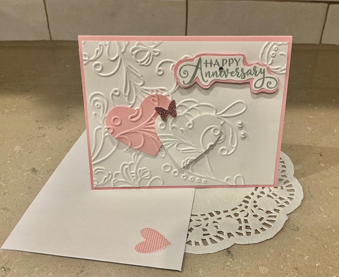 Handmade Anniversary Card: Embossed Pink & White Hearts - Etsy