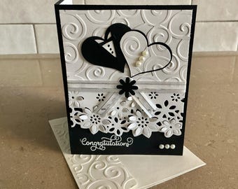 Handmade Wedding Card: Embossed Black & White Hearts