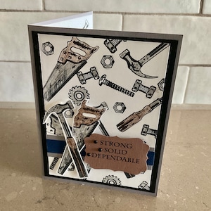 Man tool card, saw, hammer, screws, bolts, saw blade, birthday, Father’s Day, any occasion