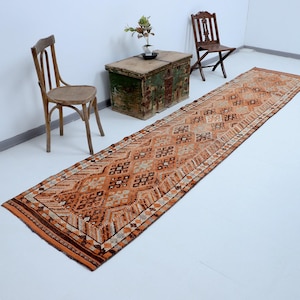 2x14 ft , Turkish Runner, Muted Orange White Brown Runner, Long Runner, Herki Runner, 2x14 Runner Rug, Vintage Runner, Runner Rug,2.8x14.0ft