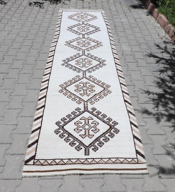 3 x 11 ft Oushak Handgewebter handgemachter türkischer Läufer Teppich: Weißer Schwarzer Läufer