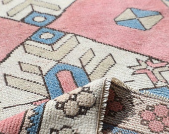 700x1500 Blau Rosa Oushak Teppich: Vintage Türkischer Wollteppich