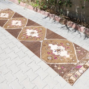 2x12 Turkish Brown Runner Rug, vintage runner, 2&#39;9x12&#39;2 ft, turkish runner, oushak runner rug, 2x12 runner, entryway runner, kitchen runner
