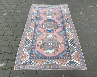 Alfombra turca Oushak rosa y azul hecha a mano (1,2 x 2 m)