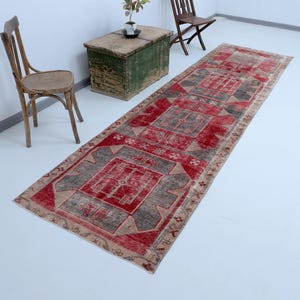 3x12 ft, Runner Rug, Turkish Runner, Oushak Runner, Wool Runner, Red Gray Runner, Wide Runner, Vintage Runner, Halway Runner, 3.4x12.7 feet