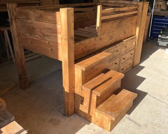 Handmade Solid wood Mid Sleeper bed with stairs, 2 chest of drawers and a end bookcase.