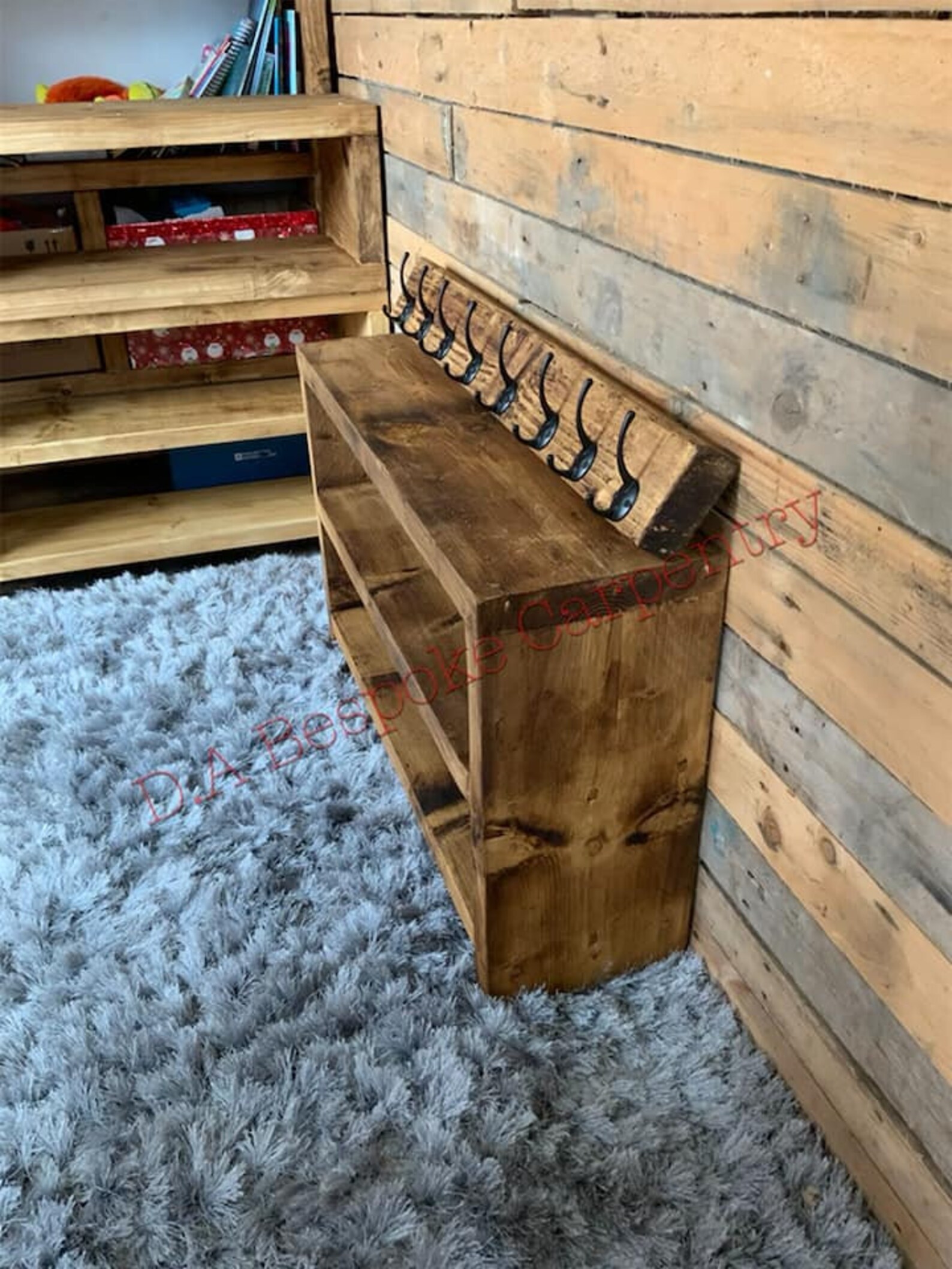 Rustic Farmhouse Reclaimed Pine Wood Shoe Rack With Coat Hook - Etsy UK