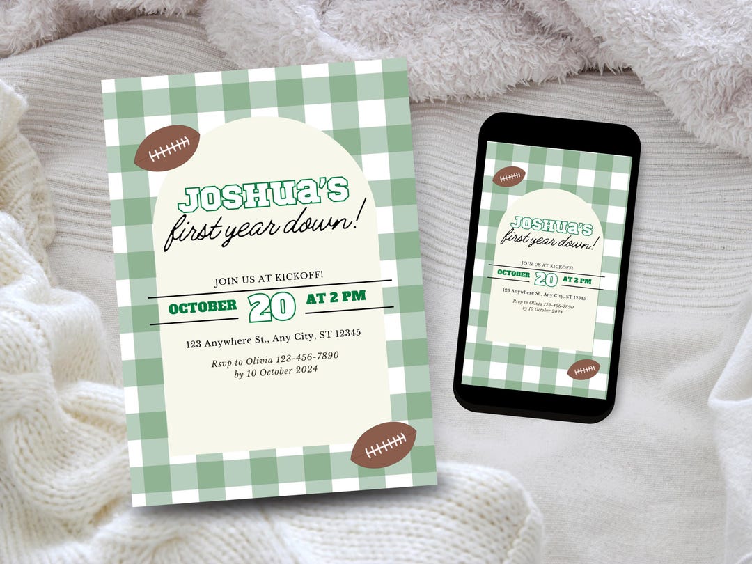 Football 1st Birthday Invitation, First Year Down, Editable Canva ...