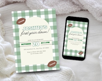 Football 1st Birthday Invitation, First Year Down, Editable Canva Template