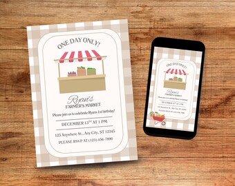 Invitación de primer cumpleaños con temática de mercado de agricultores, plantilla editable de Canva