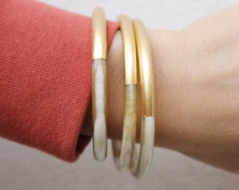 Natural horn bangle bracelet plated with gold leaf - golden bangle - half gold leaf - half natural Buffalo horn