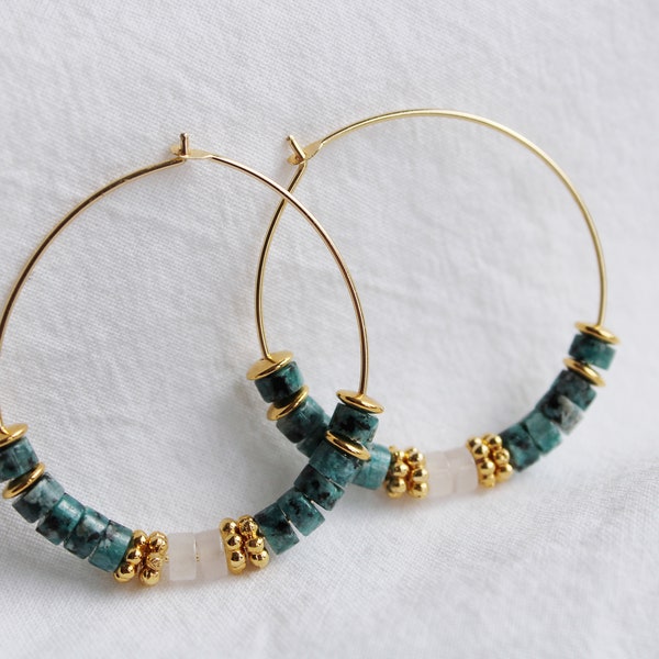 Boucles d'oreilles Créoles pierres naturelles Heishi Bleu turquoise et rose clair et fleur / or plaqué 24K/cadeau femme