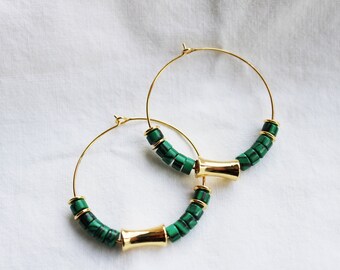 Earrings Creoles natural stones green eden tube / gold plated 24K /green lover/ birthday gift /gift woman / surprise