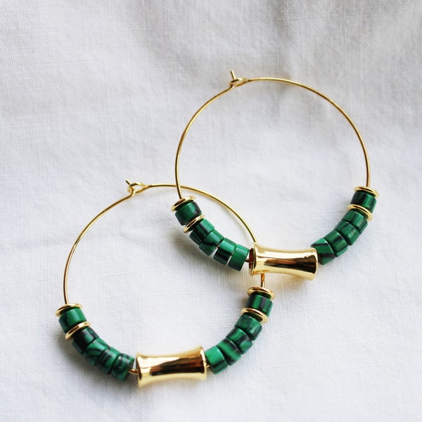 Boucles d'oreilles Créoles pierres naturelles vert eden tube / or plaqué 24K /green lover/ cadeau anniversaire /cadeau femme / surprise