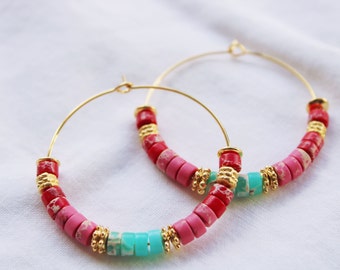 Boucles d'oreilles Créoles pierres naturelles Heishi rouge/ Rose et bleu océan fleur / or plaqué 24K/cadeau femme