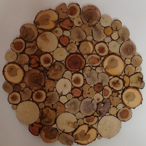 Op de afbeelding: Een ronde houten onderzetter gemaakt van veel kleine, ronde stukjes hout. Het hout is in verschillende tinten bruin, van licht tot donker.
