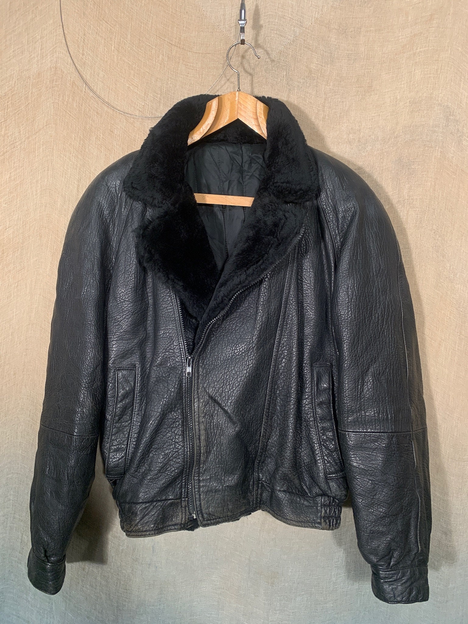 Unisex Vintage Italian Leather Bomber Jacket with Faux Fur | Etsy