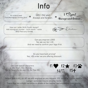 May include: A white background with black text explaining how to order a personalized birth flower design. The text includes information about font choices, engraving options, and bulk pricing. The image also shows examples of different font styles and special characters that can be added to the design.