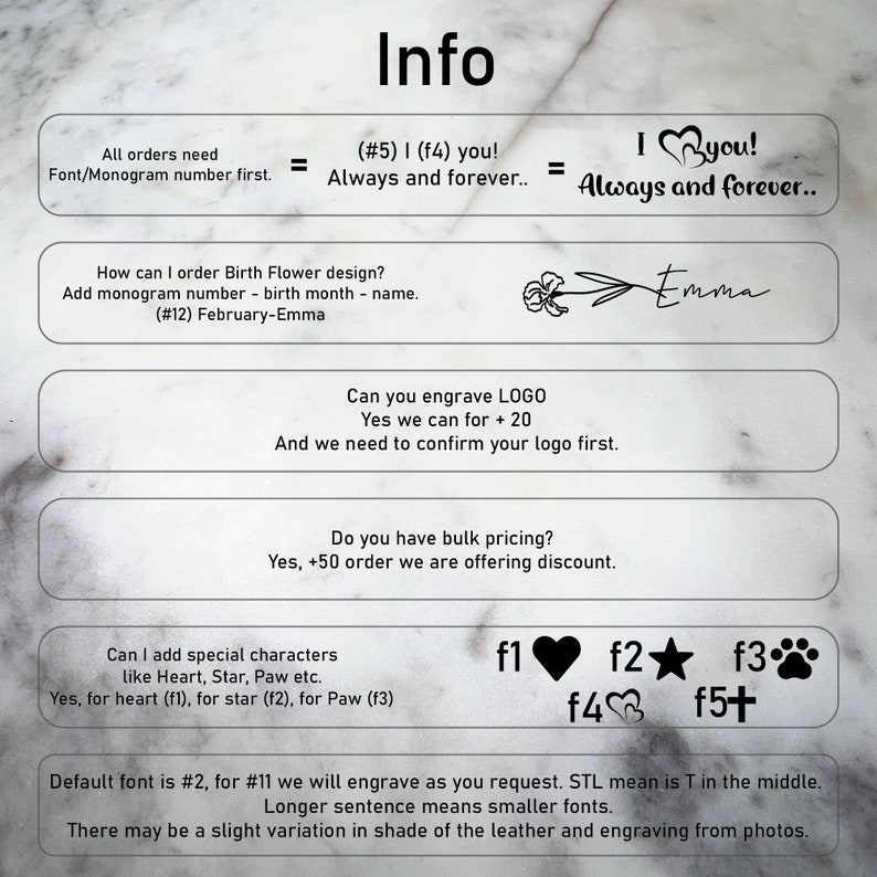 May include: A white background with black text explaining how to order a personalized birth flower design. The text includes information about font choices, engraving options, and bulk pricing. The image also shows examples of different font styles and special characters that can be added to the design.