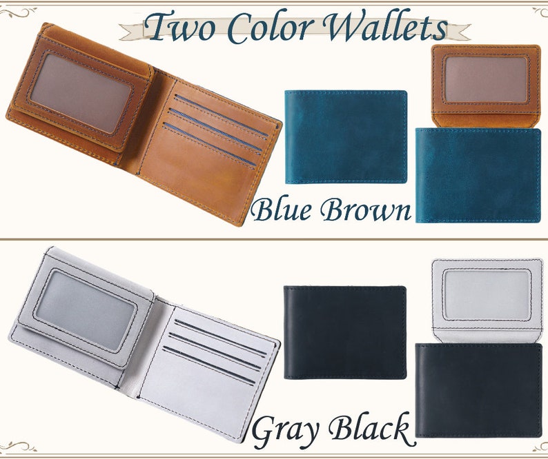 two color wallets and a blue brown gray black