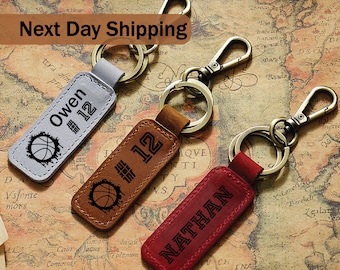 Basketball Personalized Keychain / Keyring / Bag Tag / Name Tag - Genuine Leather