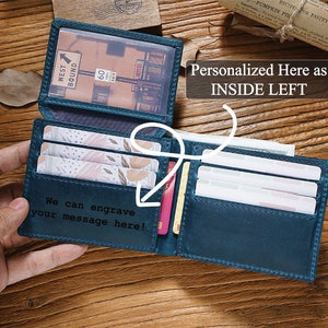 Cartera de cuero grabada personalizada para él - Regalo personalizado de Navidad o cumpleaños para novio marido papá - Cartera para hombre